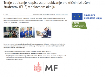 OBJAVA RAZPISA - PU&Scaron; v delovno okolje - 3. odpiranje (2026/2027)